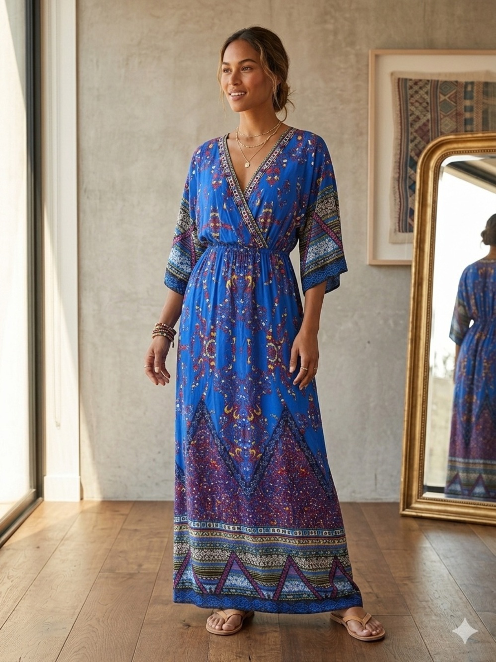 Flying Tomato V Neck Boho Aztec Festival Bold Whimsical Maxi Dress Size Medium.